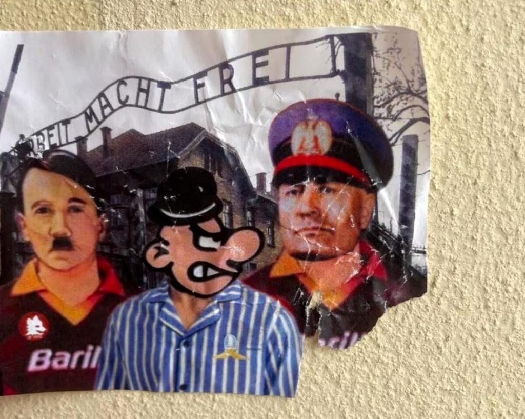 Adesivi antisemiti prima del derby: Hitler e Mussolini con la maglia della Roma, la mascotte della Lazio come un deportato