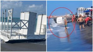 Cabina scaraventata in mare dall'erosione a Ostia. Scatta l'ordinanza: "Vietato fare il bagno"