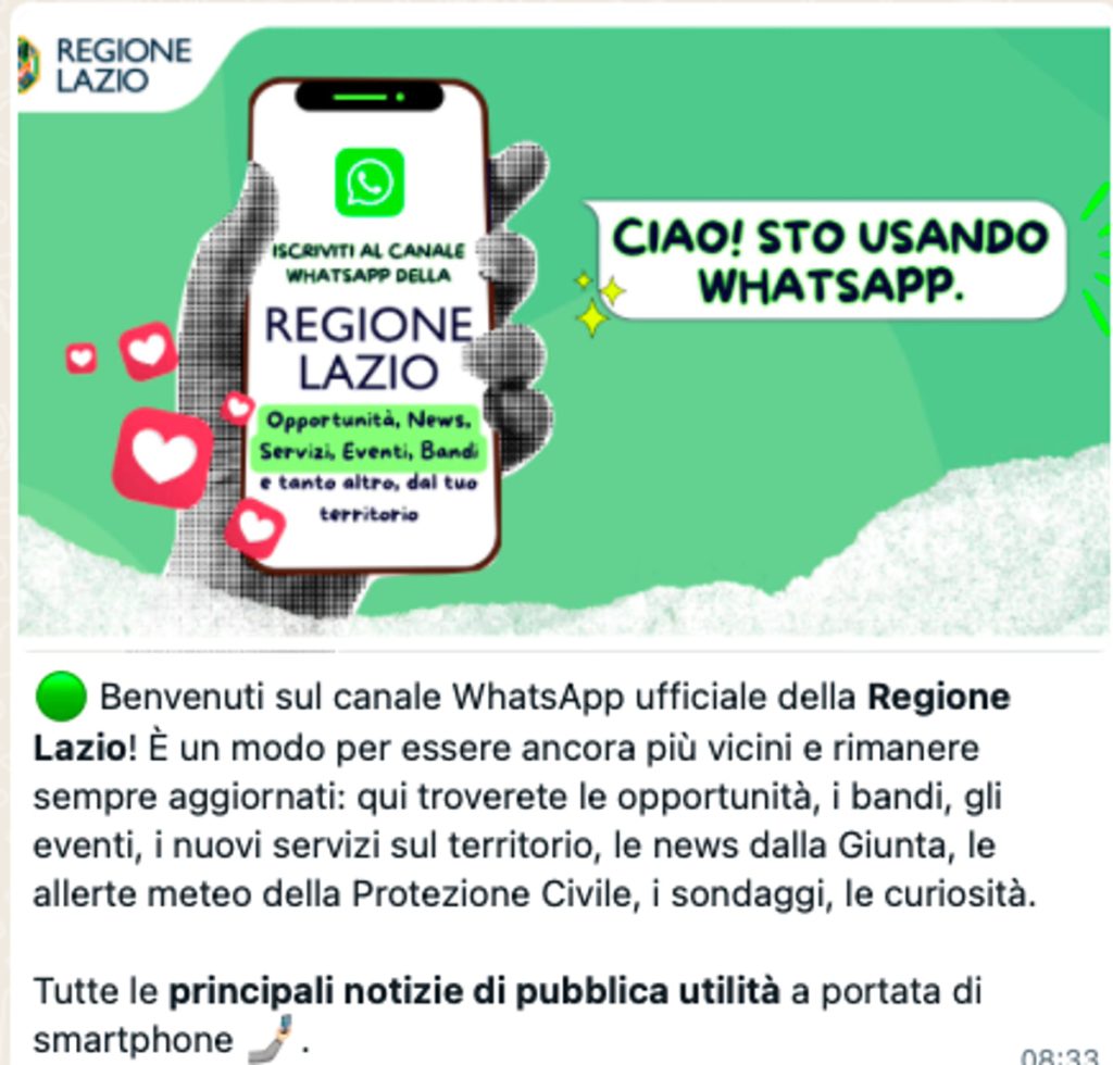 La Regione Lazio apre il suo canale Whatsapp