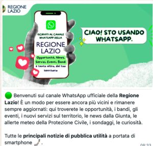 La Regione Lazio apre il suo canale Whatsapp