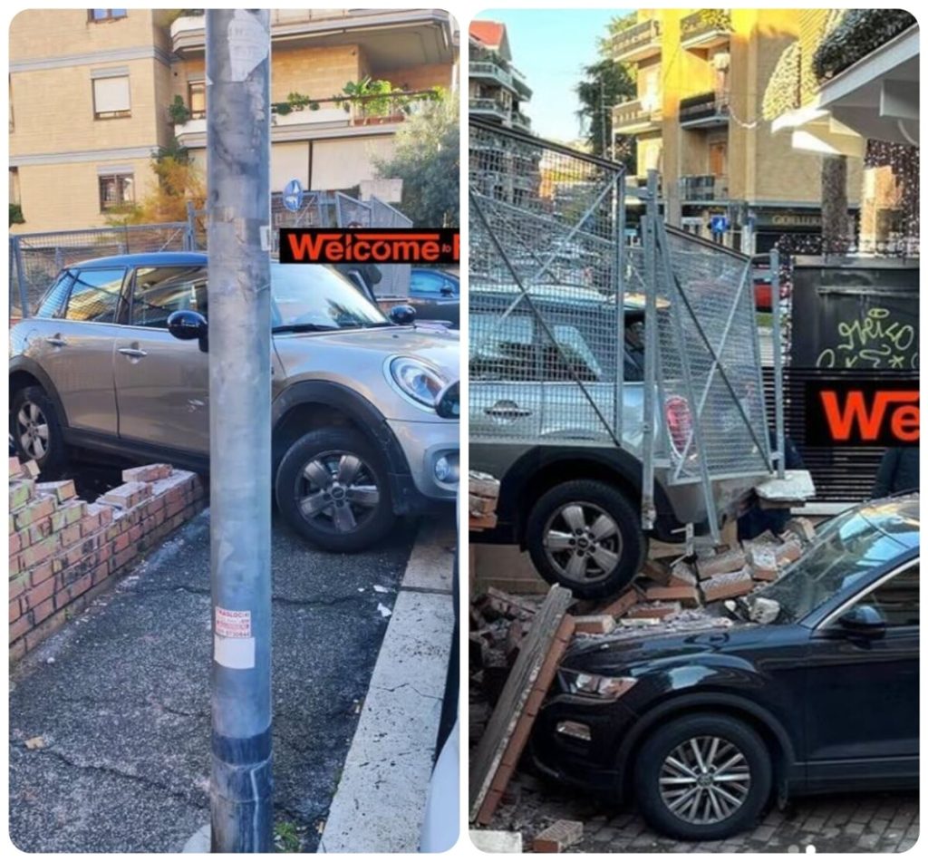 Auto abbatte muretto e rimane in bilico sopra il cortile di una palazzina