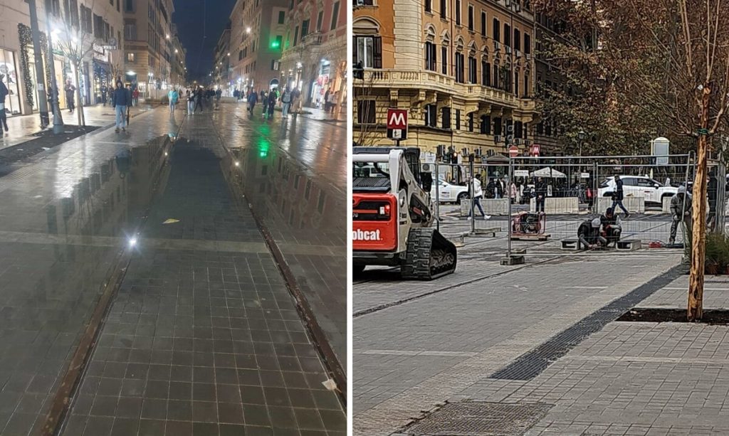 Via Ottaviano, al lavoro per modificare la pendenza. Ma la “pozzanghera” è già cult