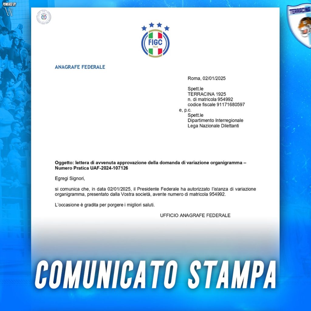 Terracina Calcio, arriva l'importante notizia dalla LND