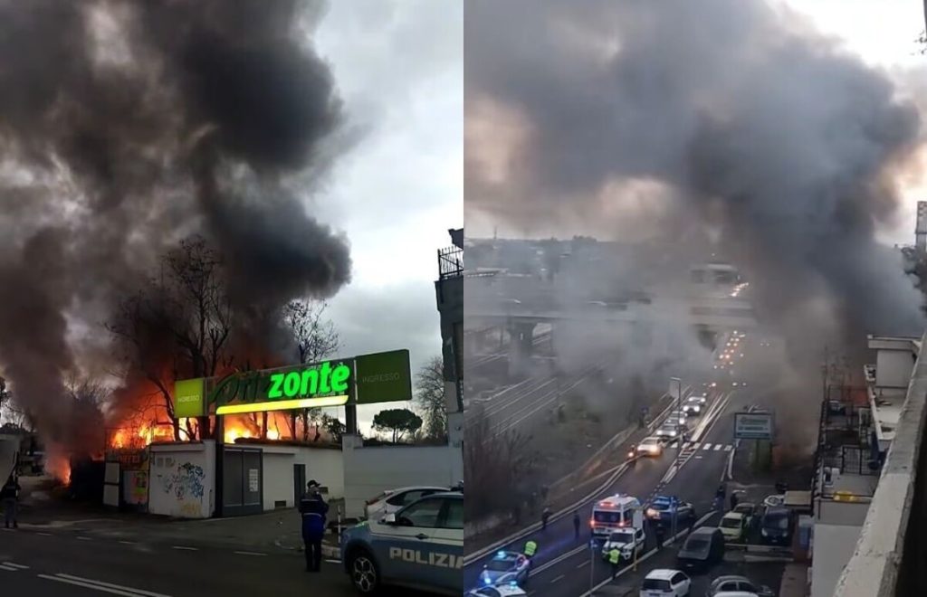 Incendio su via Collatina, bruciano resti di baracche a ridosso del supermercato
